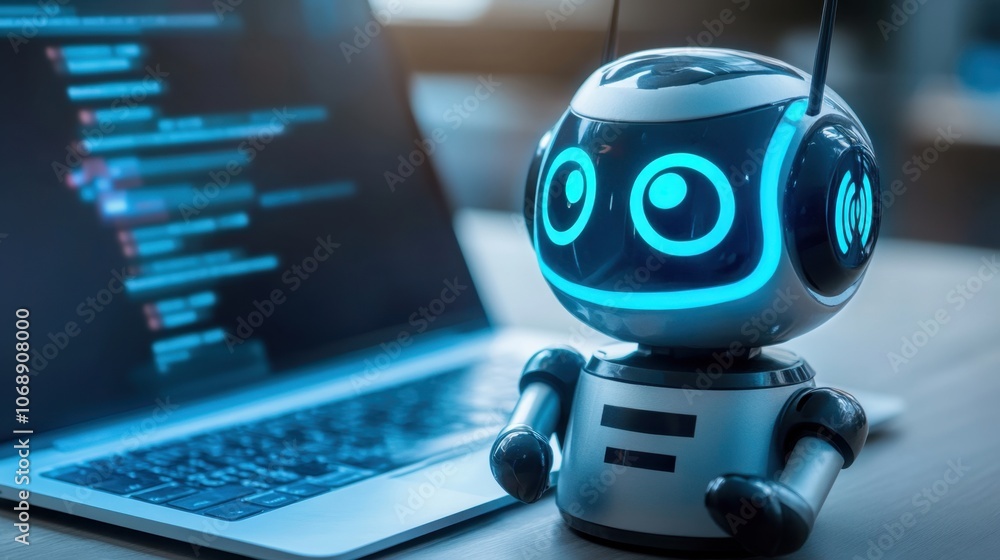 Poster cute robot with laptop displaying code