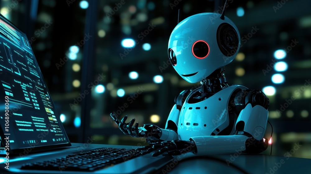 Poster futuristic robot working at a computer terminal
