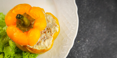 pepper stuffed meat and rice tasty food dish second course Fresh delicious gourmet food background on the table rustic food top view copy space top view