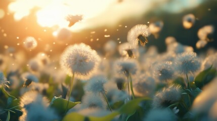 Serene dandelion field at sunset for nature background design