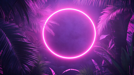 Abstract minimal pink neon circle frame on a palm leaves background.