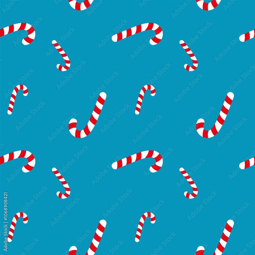 Poster candy cane seamless pattern. vector illustration of candy canes in a repeating pattern on a light bl