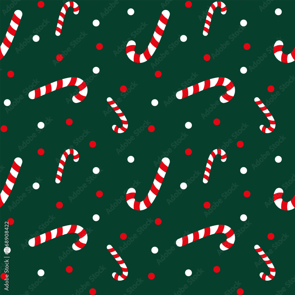 Poster candy cane seamless pattern. vector illustration of candy canes in a repeating pattern on a green ba