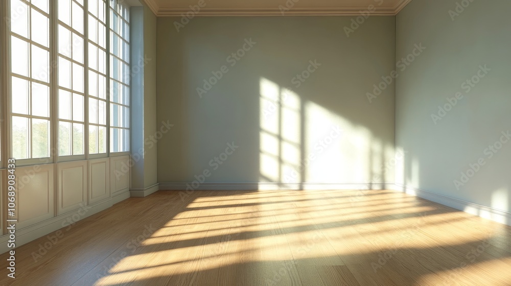 Poster empty room with sunlight streaming through a large window.