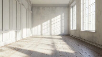 Fototapeta premium Empty room with white walls and wooden floors, lit by sunlight streaming in from windows. Minimalist interior design concept.