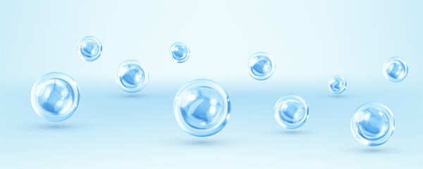 Cosmetic skincare product background. Liquid drops, cosmetic serum, gel or collagen texture. Abstract background with dynamic 3d spheres. Vector illustration horizontal banner or poster