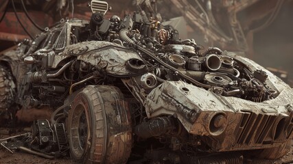 Post-Apocalyptic Dieselpunk Engine Close-Up with Tools and Parts, Showcasing Ingenuity of Creator