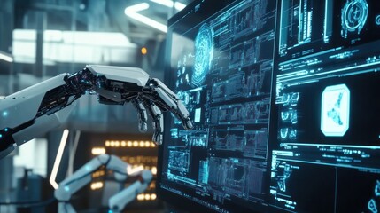 A visual of machine learning technology in action, with robotic arms and digital screens analyzing vast amounts of data