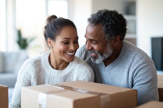 An older couple appears delighted as they handle cardboard moving boxes, representing themes of renewal, lasting partnership, and the adventures of relocating together.