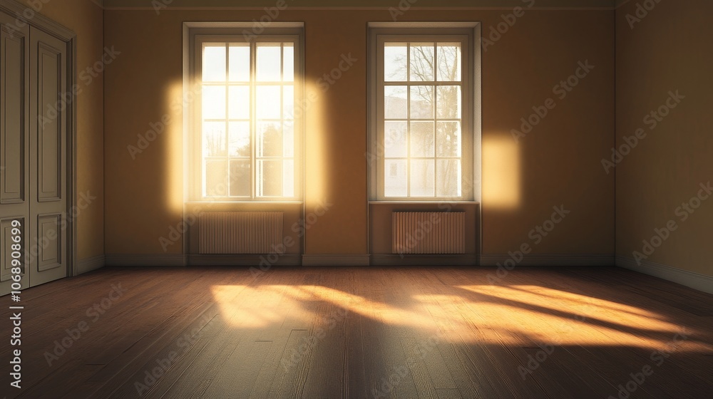 Poster Sunlight streams through windows in an empty room, creating a warm and inviting atmosphere.  Perfect for interior design and home decor projects.