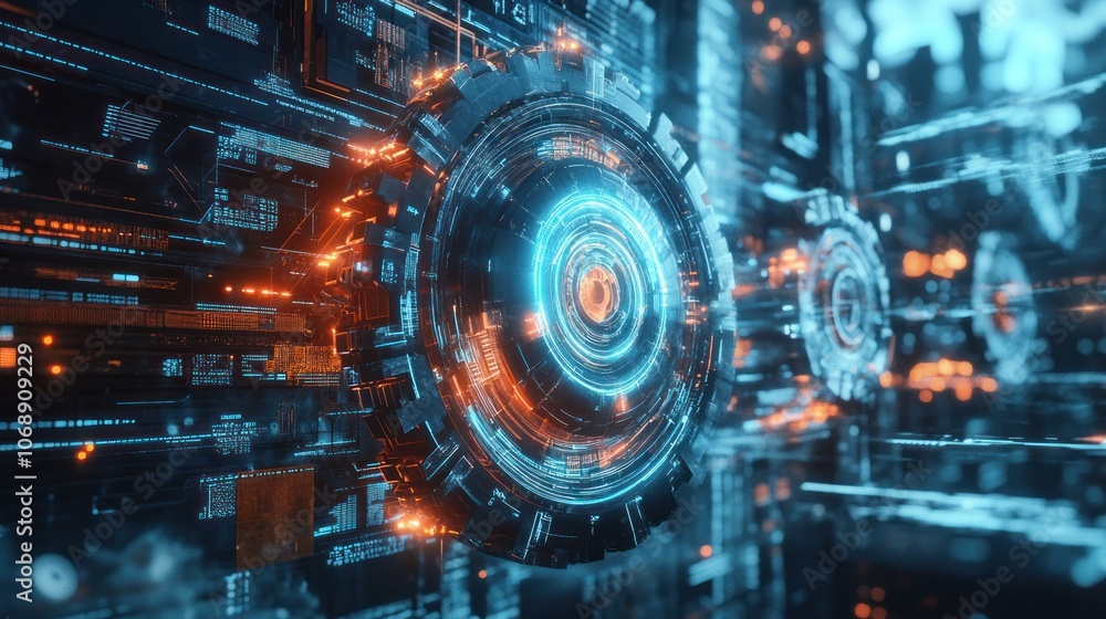 Poster an abstract visual of digital innovation with gears and digital screens blending into a dynamic, fut