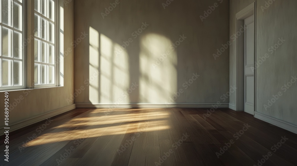 Poster Sunlight streaming through windows in an empty room, creating warm, inviting shadows on the wooden floor.