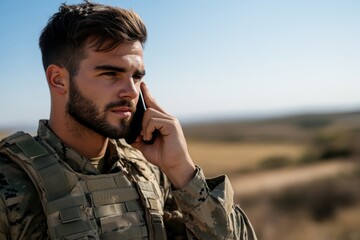 A soldier in tactical gear holds a phone to his ear in a field, with a clear sky and distant landscape, projecting military communication and readiness.