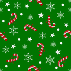 Seamless Christmas pattern green background design with Christmas ornaments, snowflakes and candies
