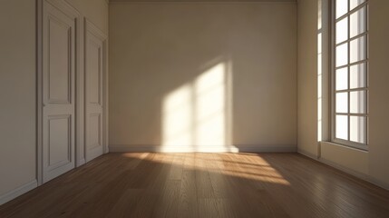 Sunlight streaming through window in empty room. Minimalist interior design, clean lines, bright space, neutral tones, modern decor, architectural photography.