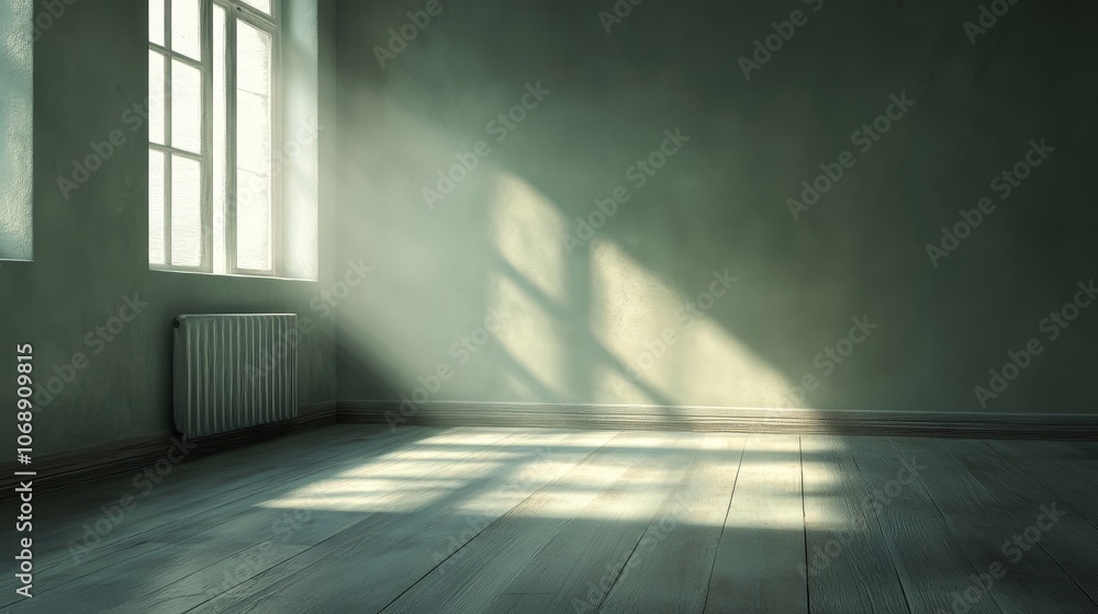 Aufkleber Sunbeams shining through a window in an empty room.