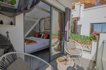 Naklejka premium Terrace balcony of luxury apartment with view into bedroom