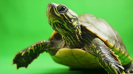 Naklejka premium Portrait of a turtle on a green background in the studio. Turtle with green screen, chroma screen background image. Concept for animal, zoology and capture for adverb.