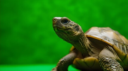 Fototapeta premium Portrait of a turtle on a green background in the studio. Turtle with green screen, chroma screen background image. Concept for animal, zoology and capture for adverb.