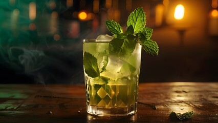 Cold and Refreshing Mint Julep with Fresh Mint Leaves Beautifully Served on the Bar Counter: Inviting Cocktail Experience