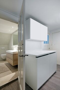 Bathroom. Interior design. Wooden furniture. At home. Moern design.