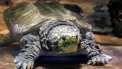 Front view of an Alligator Snapping Turtle underwater at a zoo vivarium.  The largest freshwater turtle in North America ambushing its fish prey at the bottom of   marshy ponds.