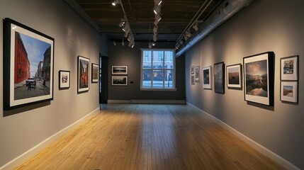 Art gallery with 11 photos hanging from the ceiling, creating an elegant, minimalist ambiance -