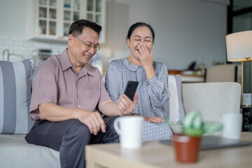 An elderly couple sits together in their cozy living room, smiling and enjoying a moment as they look at something on a smartphone. Their warmth and affection capture a peaceful home atmosphere.