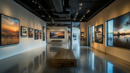 Art gallery with 11 photos hanging from the ceiling, creating an elegant, minimalist ambiance -