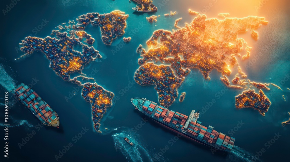 Poster aerial view of a world map illuminated by lights, with cargo ships navigating the waters.