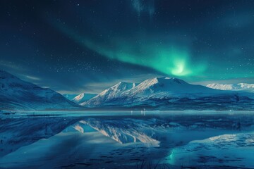 Naklejka premium Aurora Lights. Natural Arctic Atmosphere with Breathtaking Green Borealis Over Canadian Mountains