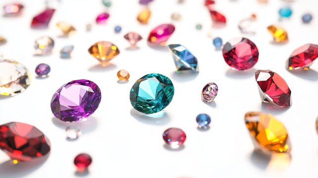 Close up of scattered colorful gemstones, diamonds, sapphires, emeralds, rubies, and topaz on white background.