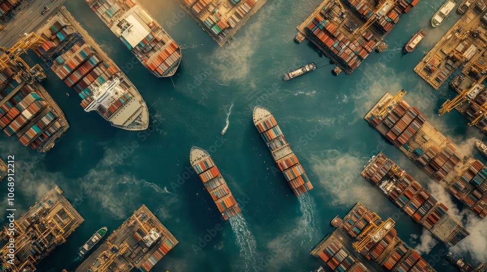Poster aerial view of a busy harbor with container ships and bustling docks.