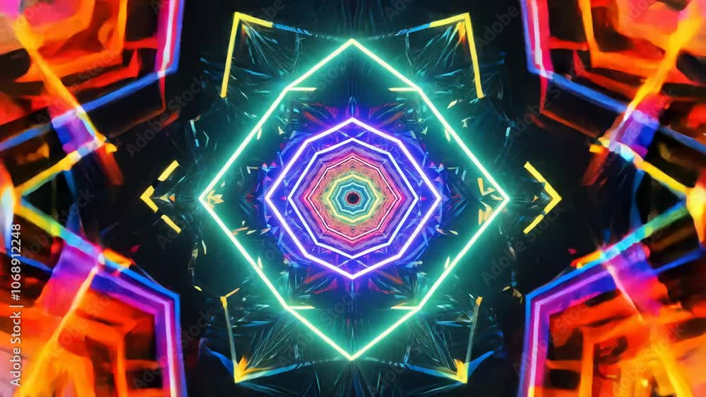 Poster fast zoom in and out video with strobe lights and rapidly changing colors creating a dizzying psyche