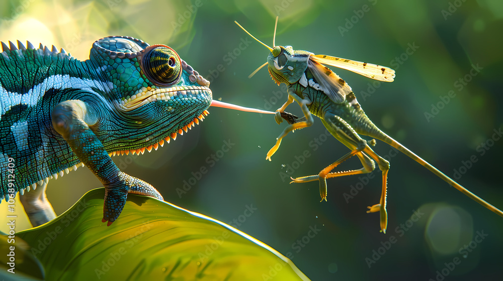 Poster grasshopper on a branch and a frog generated ai