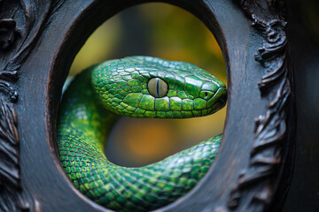 Fototapeta premium Vibrant green snake is resting inside a circular wooden sculpture, creating a captivating contrast of nature and artistry