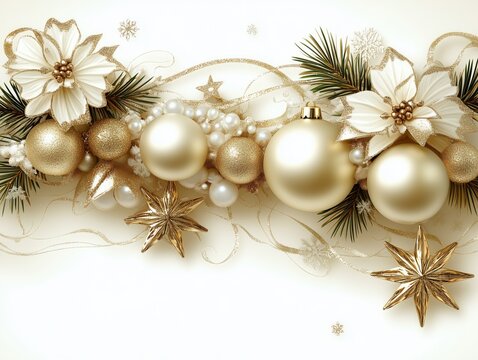 Elegant Christmas arrangement with gold and white ornaments and poinsettias