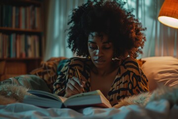Black Woman Journaling Excitedly at Home in Bed - African American 30s Adult Diversity