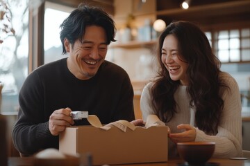 A joyful couple eagerly opens a surprise package together at their kitchen table, surrounded by an atmosphere of warmth and happiness in a cozy setting.