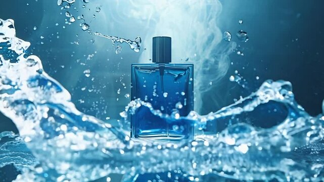 A stunning blue perfume bottle elegantly bounces through sparkling water droplets, creating playful splashes. The dynamic motion reflects the essence of freshness and vibrancy.