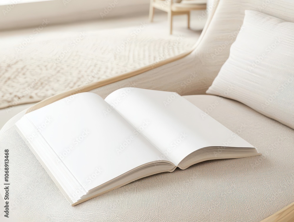 Poster create a minimalist mockup of an open book with blank pages for product presentation