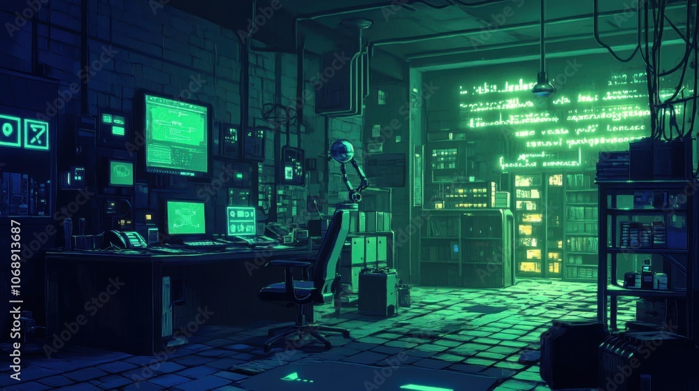 Poster futuristic tech lab with neon glow and robots