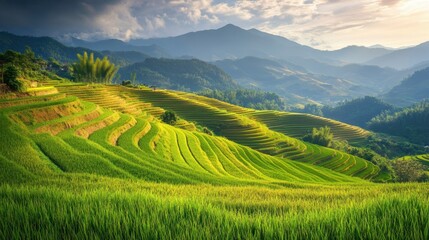 Fototapeta premium Serene Green Rice Terraces with Majestic Mountains