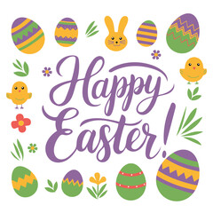 A vector illustration of a purple calligraphy text lettering Happy Easter with eggs and animals on a white background