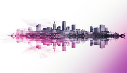 Modern City Skyline Reflection in Pink Purple Hues