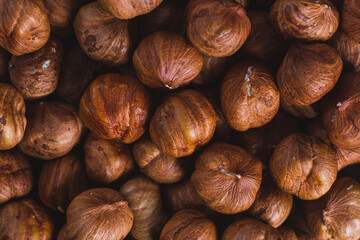 Raw, unshelled hazelnuts close-up. Hazelnut