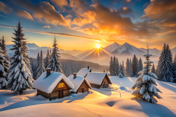 winter sunset in mountains house