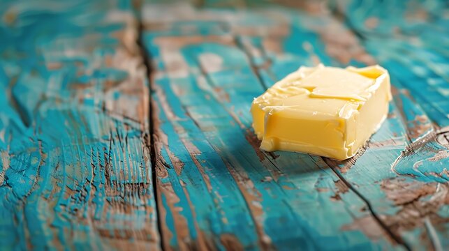 Piece of butter on a blue wooden table