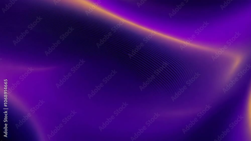 Poster vibrant digital design featuring smooth flowing abstract background in purple and gold, with curves 