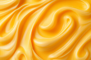 Close up of melted cheddar cheese with smooth texture and vibrant yellow hue. Perfect for food projects with copy space for creativity